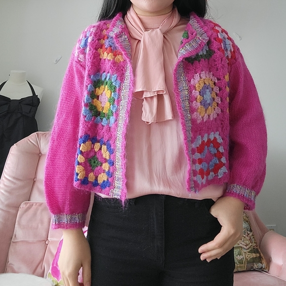 Rose Carmine crochet knit cardigan granny square mohair wool size small cropped - Picture 6 of 10